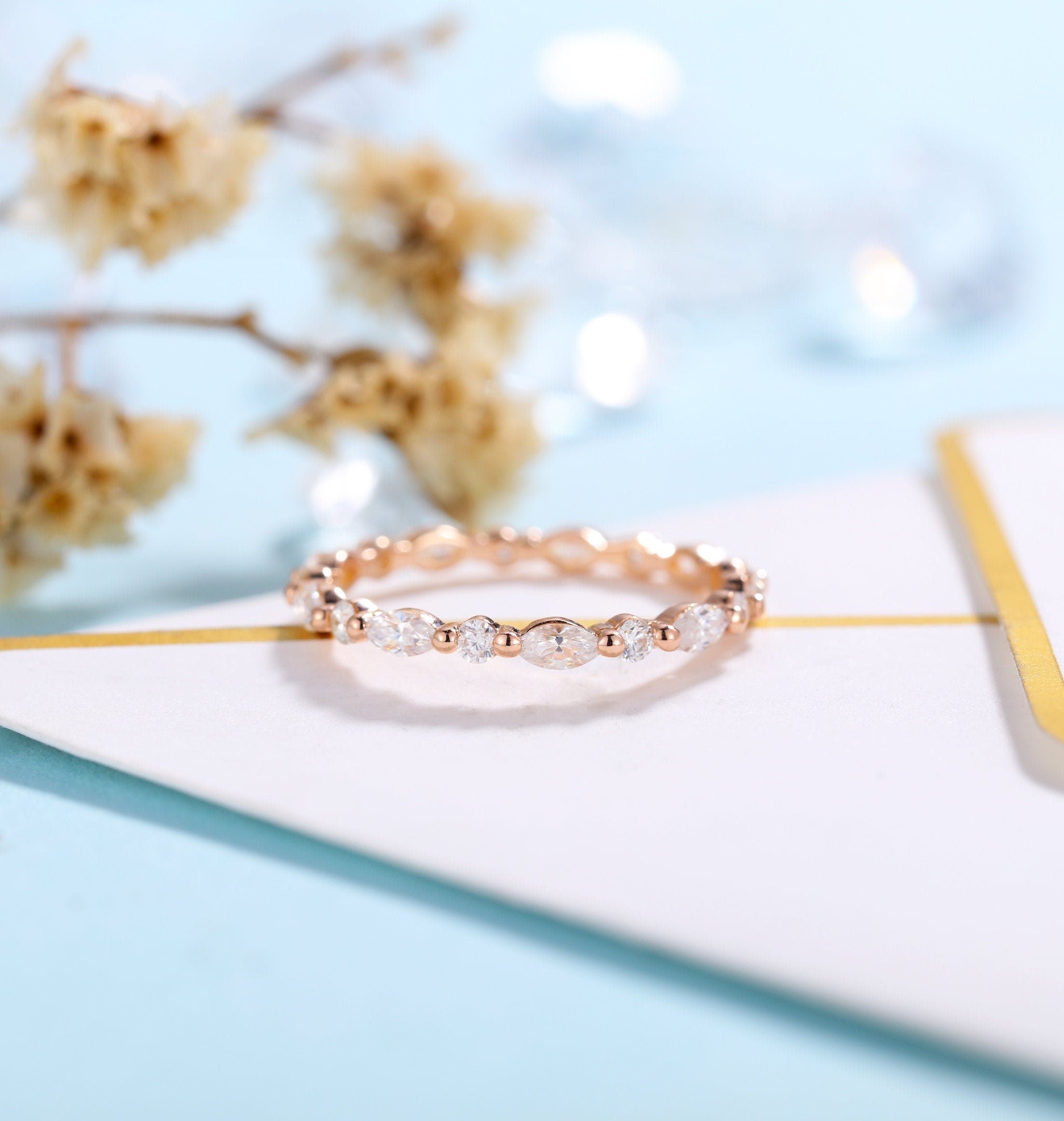Art deco Moissanite Wedding Band Women | rose gold band | Marquise cut ...