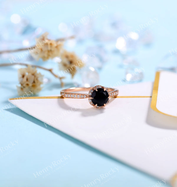 Black Onyx Engagement Ring rose gold Women | Antique prong set Bridal Jewelry | Unique half eternity Diamond Ring | Anniversary Gift for Her