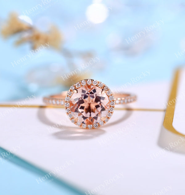 Antique Morganite engagement ring rose gold women | Vintage round cut wedding ring |  Unique jewelry Bridal ring | Anniversary gift for her