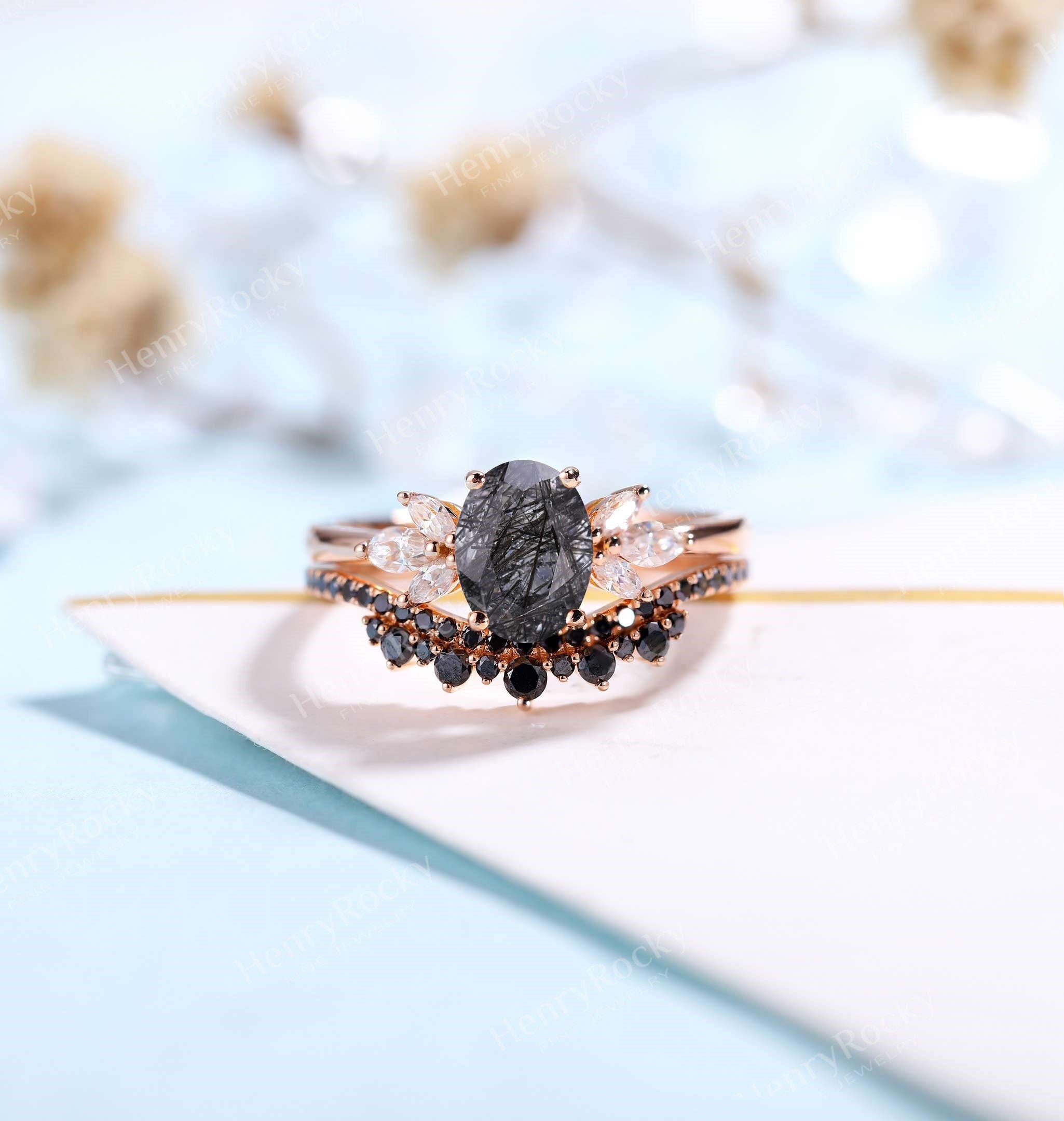 Black Quartz Rutilated Engagement Ring Unique Wedding Ring Set Antique Oval  Shaped Ring Rose Gold Stacking Band