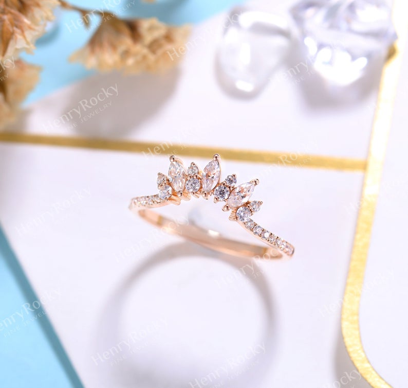 Vintage Moissanite wedding band women band | rose gold Diamond band | bridal ring |unique curved wedding ring| promise ring anniversary band