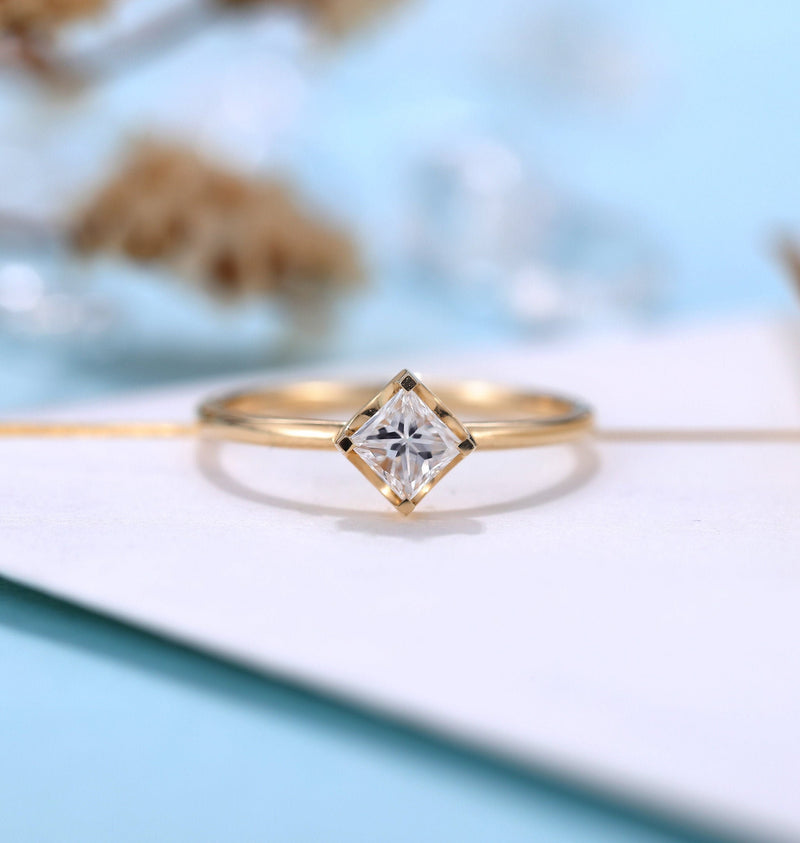 Vintage Diamond Engagement Ring Women | Delicate wedding ring Princess cut Yellow gold | Solitaire Bridal jewelry | Anniversary gift for her
