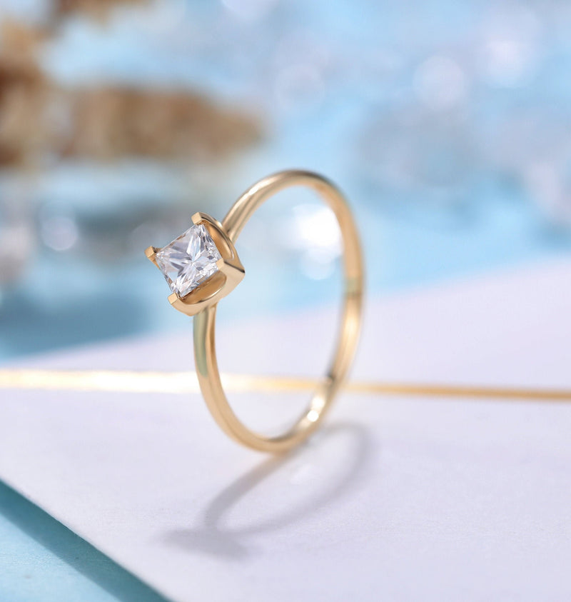 Vintage Diamond Engagement Ring Women Delicate wedding ring Princess cut Yellow gold Solitaire Bridal jewelry Anniversary gift for her
