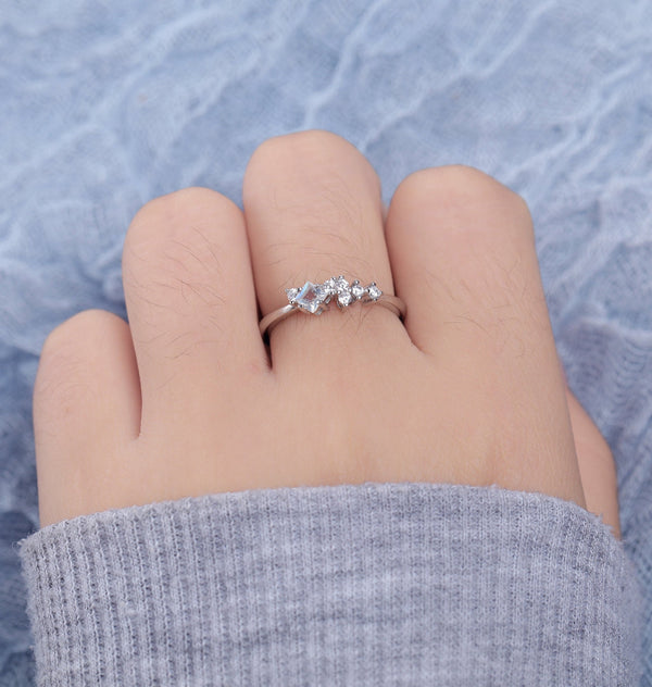 Antique Moonstone engagement ring women | Vintage white gold princess cut ring | Unique cluster Bridal ring | Anniversary gift for her