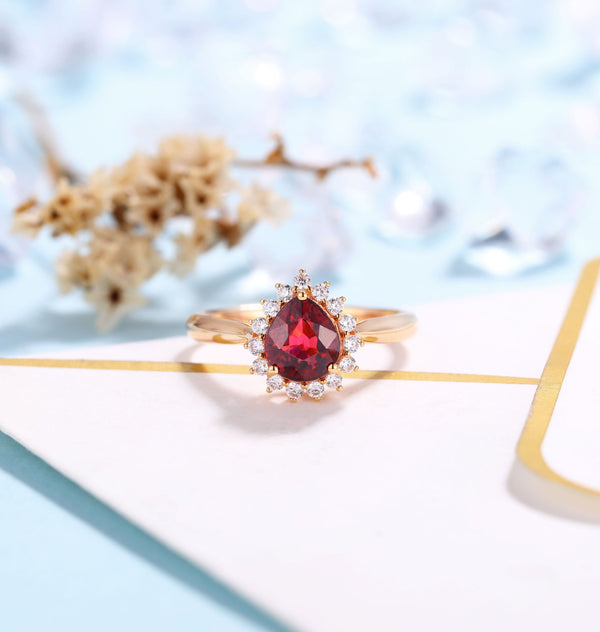 Garnet Engagement Ring Women Rose Gold | Antique pear shaped Bridal Jewelry | Delicate Halo Moissanite Ring|Vintage Anniversary Gift for Her