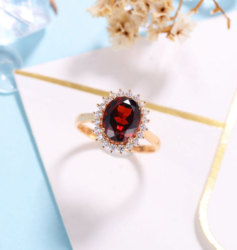 Garnet Engagement Ring Women Rose Gold | Antique Halo Bridal Jewelry |Delicate Moissanite Ring|Vintage wedding ring Anniversary ring