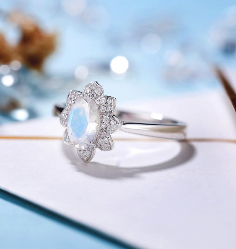 Moonstone Engagement Ring White Gold Women Moissanite Floral