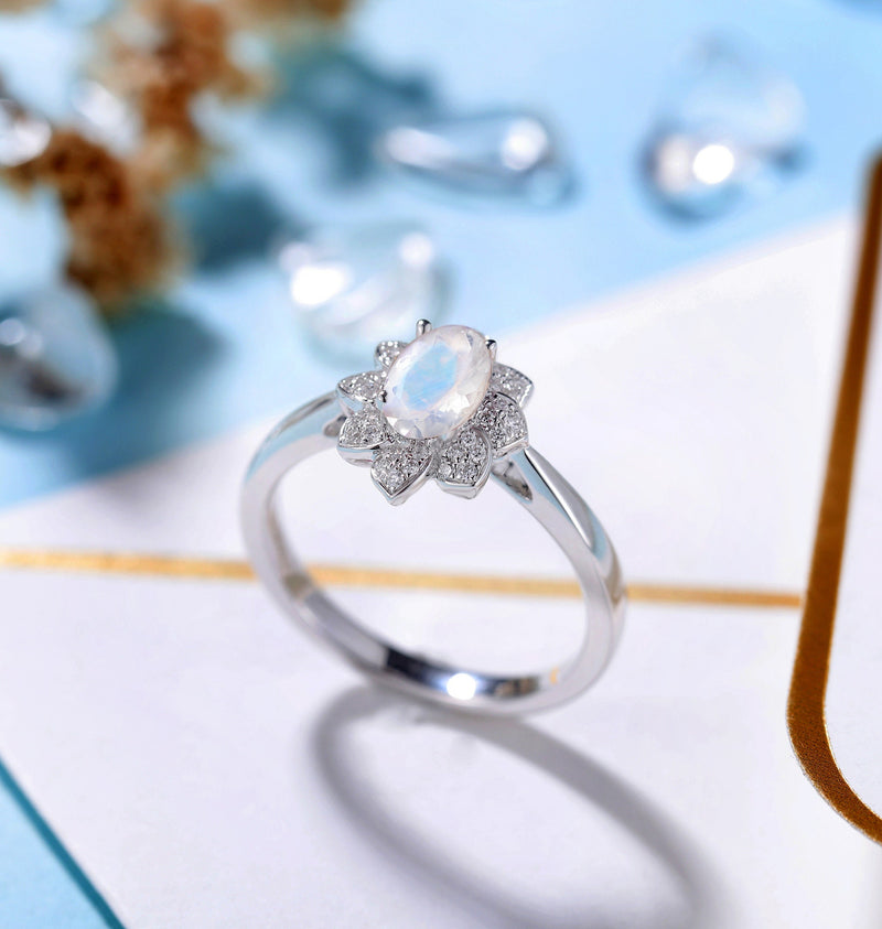 Moonstone Engagement Ring White Gold Women | Moissanite Floral Halo Bridal ring | Unique jewelry | promise ring anniversary gift for her