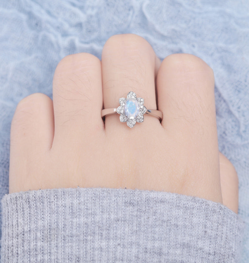 Moonstone Engagement Ring White Gold Women | Moissanite Floral Halo Bridal ring | Unique jewelry | promise ring anniversary gift for her