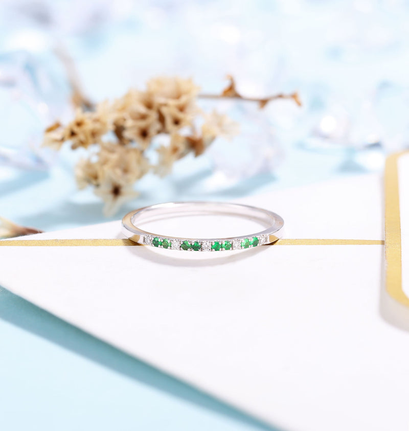 Delicate Wedding Band White Gold Women | Vintage Diamond wedding ring Stacking Emerald jewelry |Unique Promise Ring Anniversary Gift for her