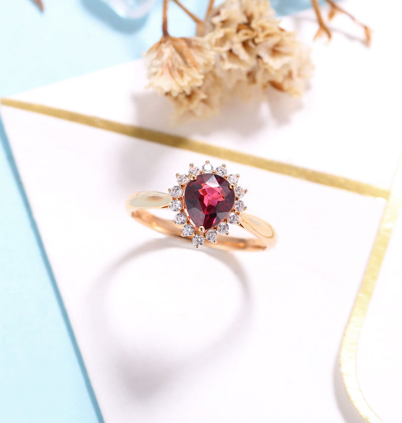 Garnet Engagement Ring Women Rose Gold | Antique pear shaped Bridal Jewelry | Delicate Halo Moissanite Ring|Vintage Anniversary Gift for Her