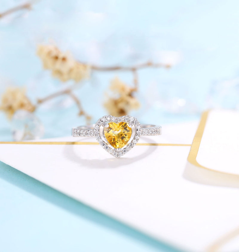 Citrine Engagement Ring Women White Gold | Heart cut Bridal Jewelry | Vintage Moissanite wedding ring| Promise ring Anniversary Gift for Her