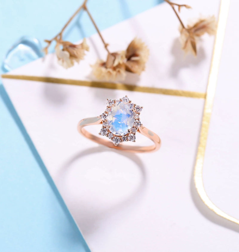 Antique Moonstone engagement ring rose gold women | Vintage Halo wedding ring |  Moissanite jewelry Bridal ring | Anniversary gift for her