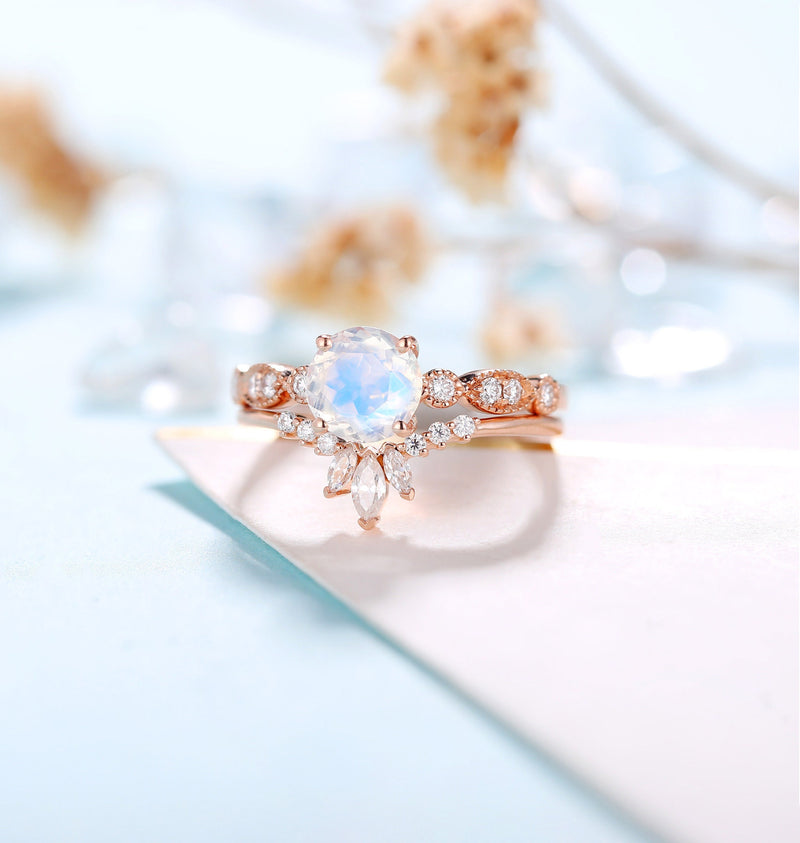 Moonstone Engagement Ring Women | Rose Gold Band Women | Antique bridal set | Moissanite wedding set Diamond | Anniversary gift for her