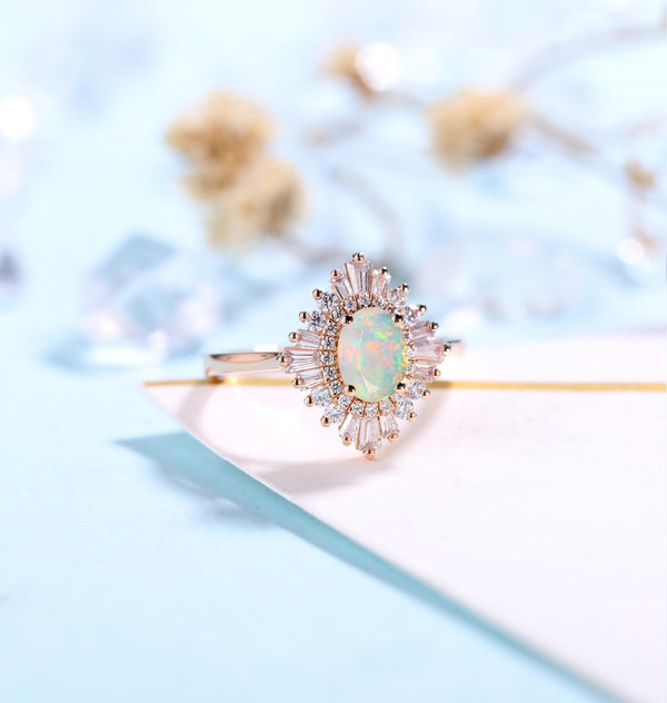 Faceted Oval cut Opal Engagement Ring Rose gold Women | Antique CZ/Diamond Bridal Baguette Jewelry |Unique Promise Anniversary Gifts for Her