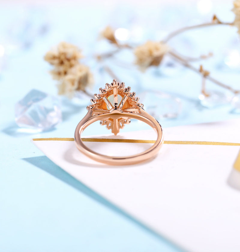 Faceted Oval cut Opal Engagement Ring Rose gold Women | Antique CZ/Diamond Bridal Baguette Jewelry |Unique Promise Anniversary Gifts for Her