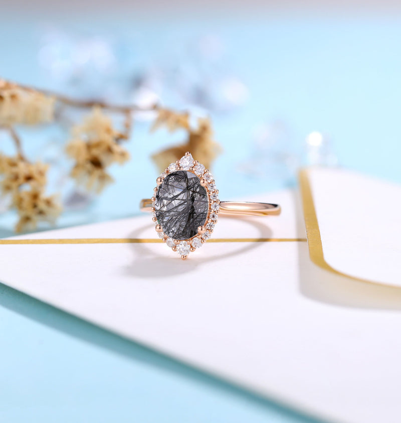 Black Rutilated Quartz engagement ring women Rose gold ring