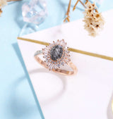 Faceted Oval cut Black Rutilated Quartz Engagement Ring Rose gold Women | Antique CZ/Diamond Bridal Marquise |Unique Promise Anniversary