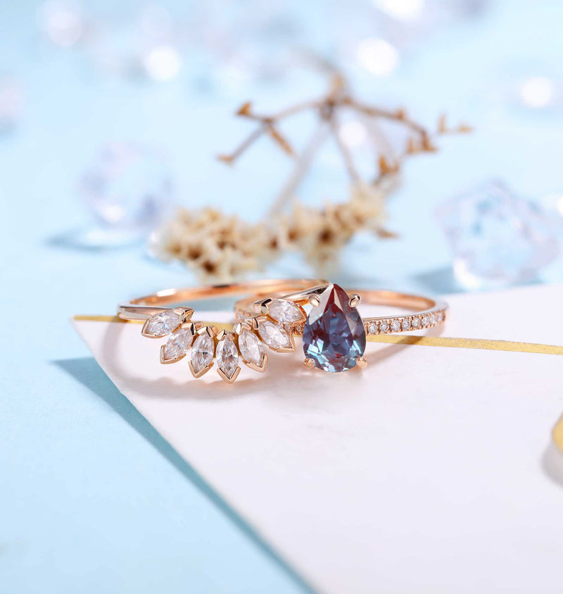 Pear shaped Alexandrite Engagement Ring Rose Gold Women | Half Eternity Bridal Set | Unique Marquise Wedding Set | Anniversary Gift for her