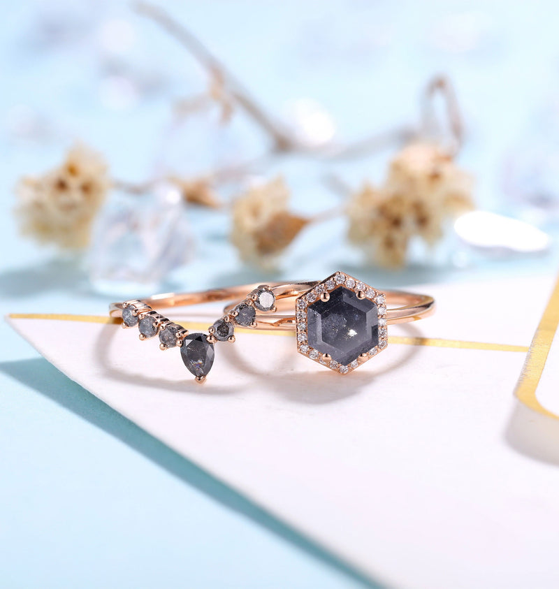Salt and Pepper Diamond Engagement Ring set | Rose gold wedding Set | Curved diamond wedding band | Hexagon Bridal set | Anniversary promise