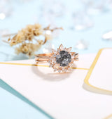 Black Rutilated Quartz Engagement Ring Women | Rose Gold Band Women | Floral bridal set | Moissanite wedding set | Vintage Anniversary gift