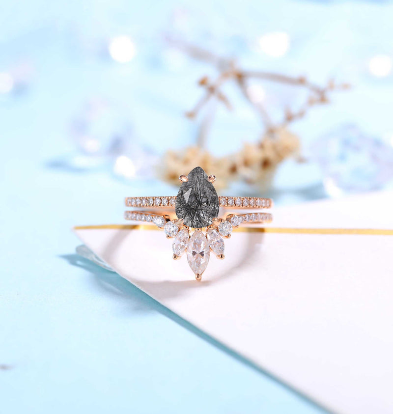 Black Rutilated Quartz Engagement Ring Rose Gold Women | Marquise Moissanite Half Eternity Bridal Set | Unique Wedding Set | Anniversary