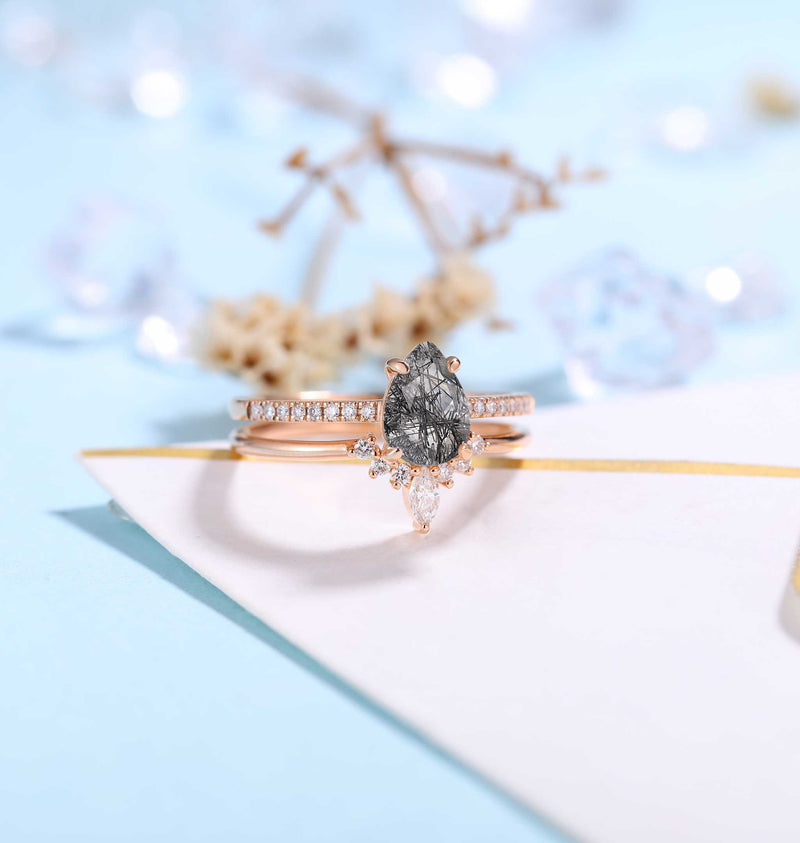 Black Rutilated Quartz Engagement Ring Set | Rose Gold Diamond ring | Antique Half Eternity Bridal Set | Pear cut wedding ring | Anniversary