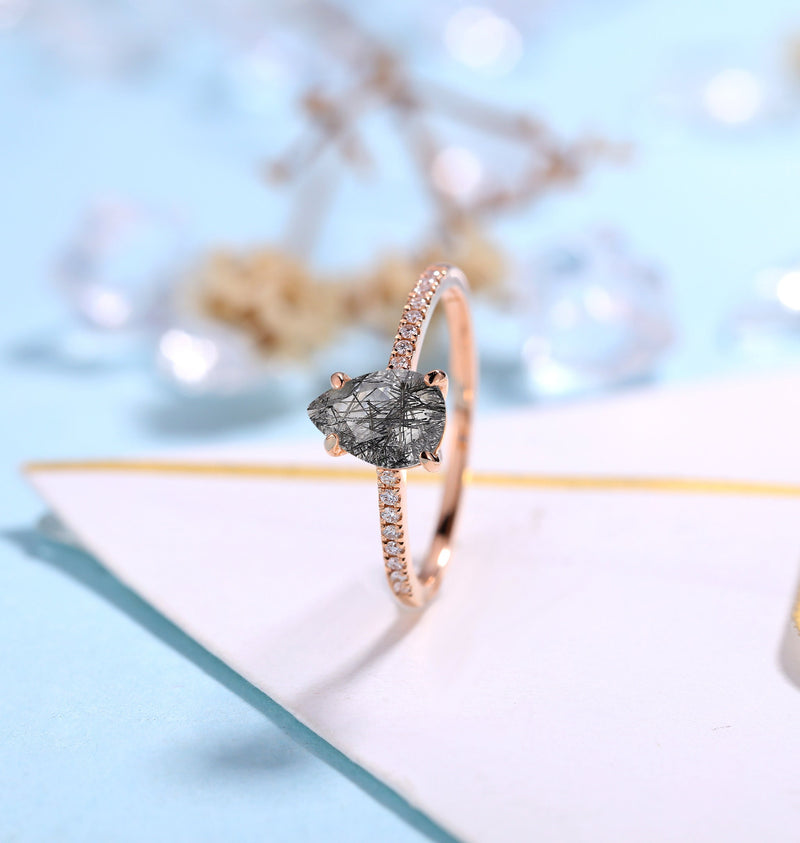 Black Rutilated Quartz Engagement Ring Women | Rose Gold Band Women |Pear shaped bridal ring |Moissanite wedding jewelry|Vintage Anniversary