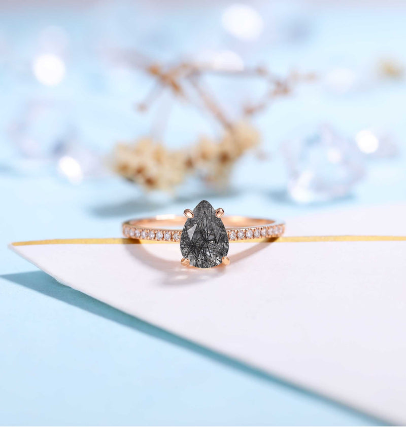 Black Rutilated Quartz Engagement Ring Women | Rose Gold Band Women |Pear shaped bridal ring |Moissanite wedding jewelry|Vintage Anniversary