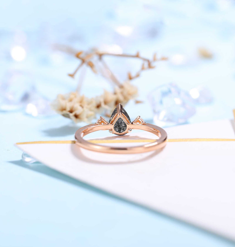 Black Rutilated Quartz Engagement Ring Women Rose Gold | Pear shaped Bridal Jewelry | Vintage Diamond Bridal ring | Unique Anniversary