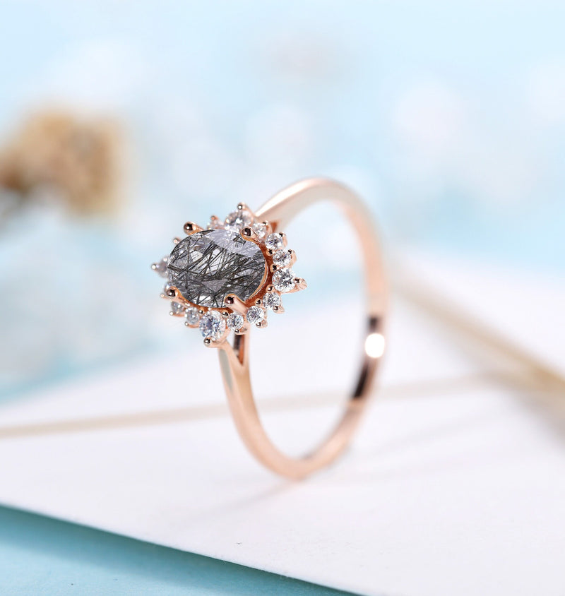 Black Rutilated Quartz engagement ring women | Rose gold ring Diamond Moissanite | Oval cut engagement ring | Bridal jewelry | Anniversary