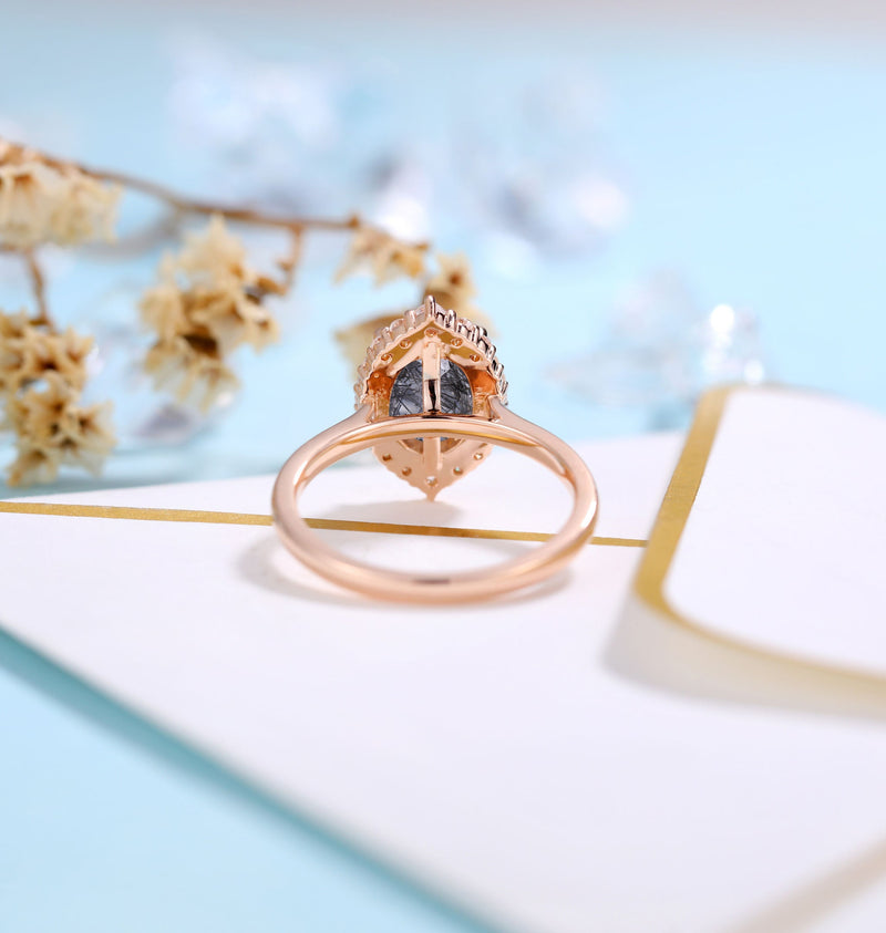 Black Rutilated Quartz engagement ring women | Rose gold ring Diamond Moissanite | Oval cut engagement  | Bridal jewelry | Anniversary gifts