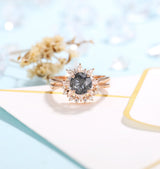 Black Rutilated Quartz Engagement Ring Women | Rose Gold Band Women | Floral bridal set | Moissanite wedding set | Vintage Anniversary gift