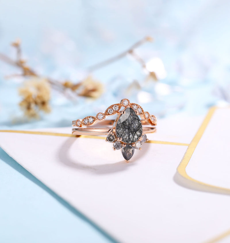 Black Rutilated Quartz  Engagement Ring set Women Rose Gold | Pear shaped Bridal Set | Salt and Pepper Diamond Wedding Set |Anniversary ring
