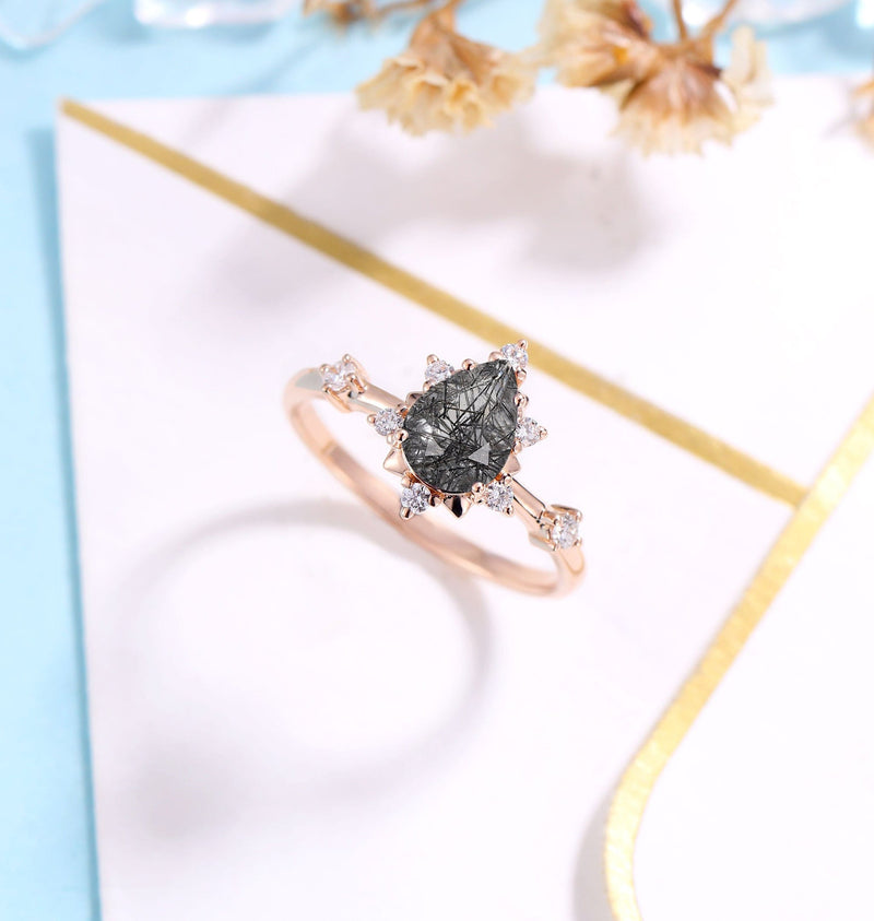 Black Rutilated Quartz  Engagement Ring Women Rose Gold | Antique Pear shaped Bridal Jewelry | Art deco Wedding Ring Diamond | Anniversary