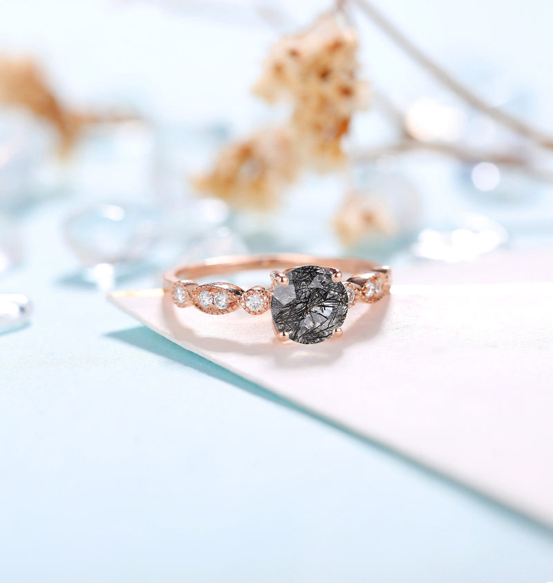 Black Rutilated Quartz Engagement Ring Women | Rose Gold Band Women | Antique bridal ring | Moissanite wedding jewelry Diamond | Anniversary