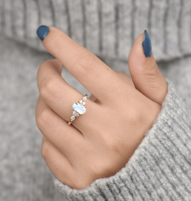 Faceted Oval cut moonstone Engagement Ring Yellow gold Women