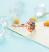 Black Rutilated Quartz   Engagement Ring Women Rose Gold | Antique Oval cut Bridal Jewelry | Art deco Halo Ring Milgrain | Anniversary ring