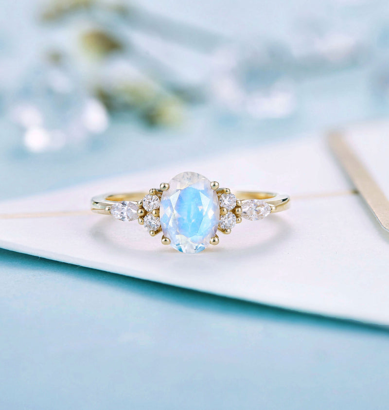 Faceted Oval cut moonstone Engagement Ring Yellow gold Women |Antique Moissanite Bridal Marquise Jewelry Promise Anniversary Gifts for Her