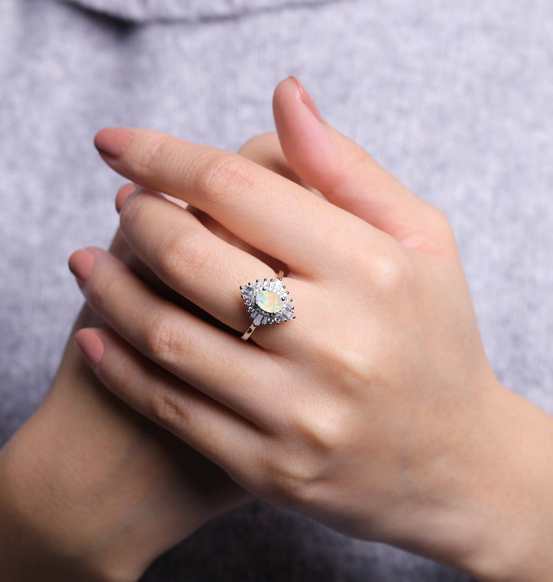 Faceted Oval cut Opal Engagement Ring White gold Women| Antique CZ/Diamond Bridal Baguette ring |Unique Promise Anniversary ring