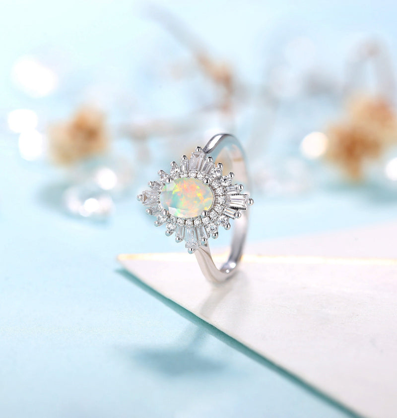 Faceted Oval cut Opal Engagement Ring White gold Women| Antique CZ/Diamond Bridal Baguette ring |Unique Promise Anniversary ring