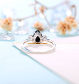 Black Onyx Engagement Ring pear shaped Women | Antique White gold Bridal Jewelry | Art deco Diamond Ring | Unique Anniversary Gift for Her