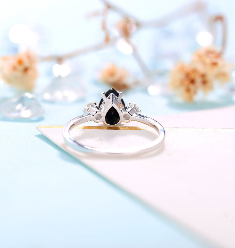 Black Onyx Engagement Ring pear shaped Women Antique White gold Bridal Jewelry Art deco Diamond Ring Unique Anniversary Gift for Her