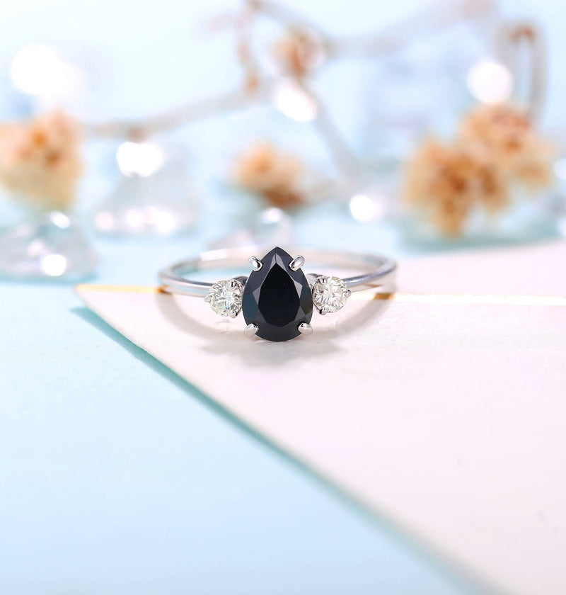 Black Onyx Engagement Ring pear shaped Women | Antique White gold Bridal Jewelry | Art deco Diamond Ring | Unique Anniversary Gift for Her