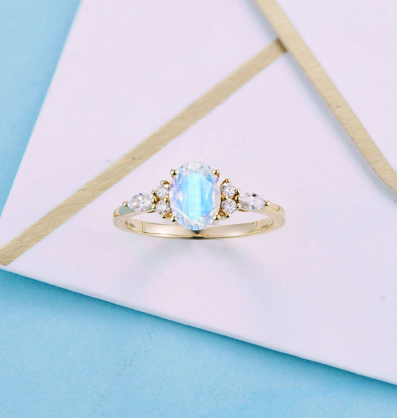 Faceted Oval cut moonstone Engagement Ring Yellow gold Women |Antique Moissanite Bridal Marquise Jewelry | Promise Anniversary Gifts for Her