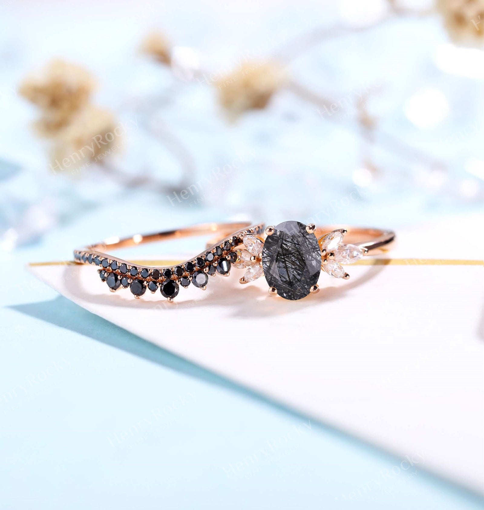 Cluster Black Quartz Ring, Black Rutile Engagement Ring, 1ct Black Rutile with Six Moissanite Accents in 14k Rose Gold, 7 Stone Promise Ring offers