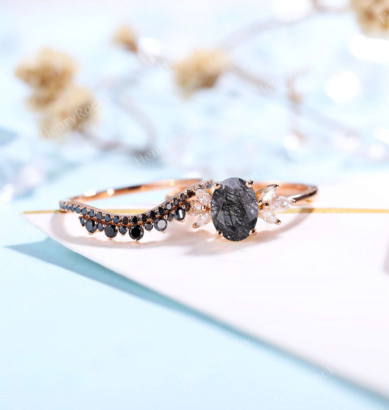 Black Rutilated Quartz Engagement Ring set | Oval shaped Rose gold ring |Art deco ring Black Diamond Wedding band | Anniversary Promise ring