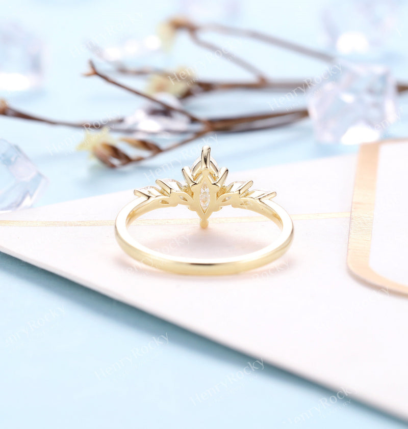 Vintage moissanite engagement ring Yellow gold Art deco wedding ring Marquise shaped antique ring Anniversary promise rings for women