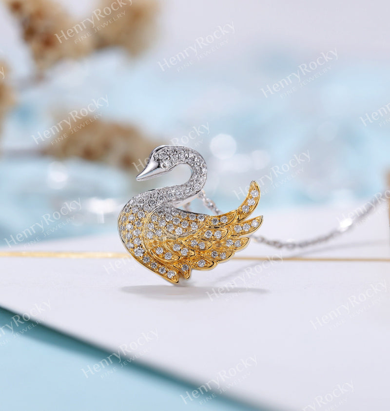 Diamond Pendant necklace women | Charm micro pave Swan Necklace | Unique Jewelry | Solid yellow gold necklace | Anniversary gift for her