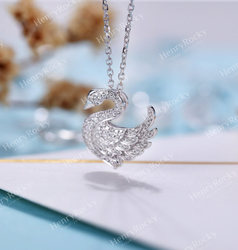 Diamond Pendant necklace women | Charm micro pave Swan Necklace | Unique necklace | Solid white gold necklace | Anniversary necklace
